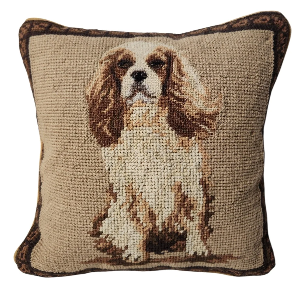 Cavalier King Charles Spaniel Vintage Wool Needlepoint Handmade Pillow 10x10